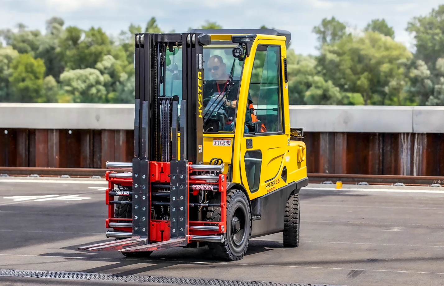 Meyer pallet attachment on a Hyster lift truck.