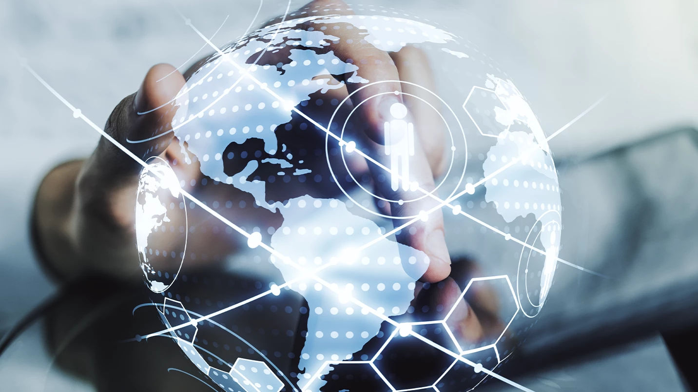 Glowing 3D graphic of earth, representing global technologies and connectivity. 