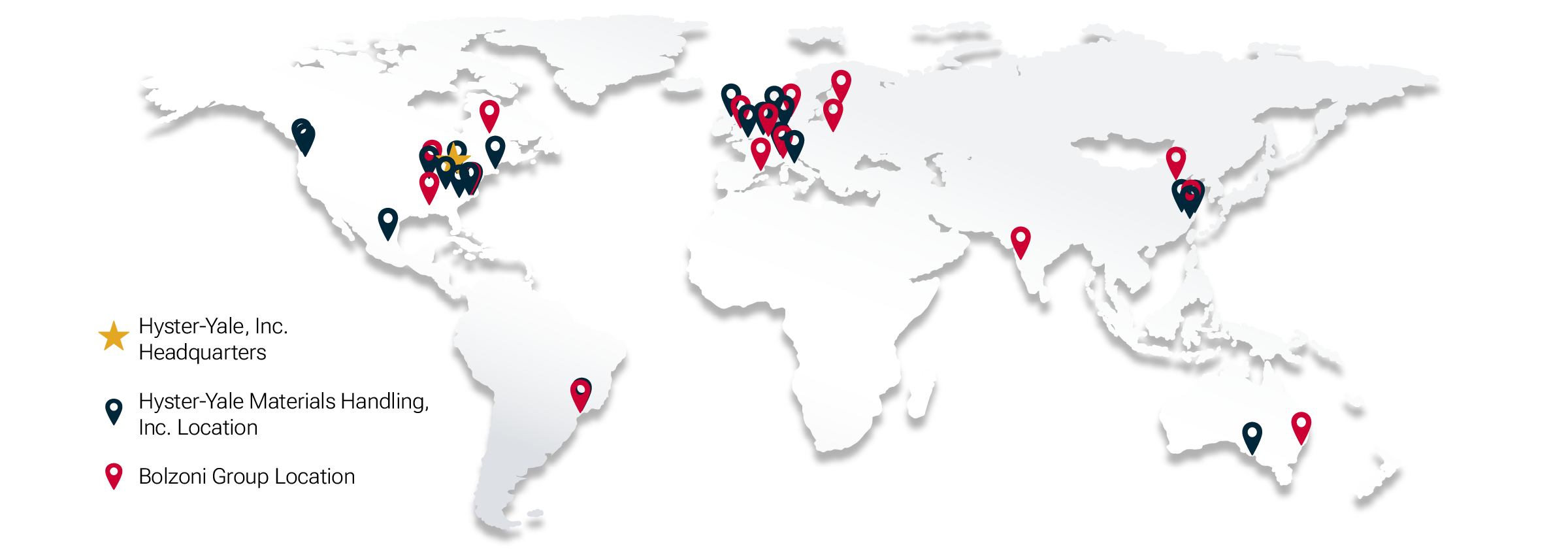 Map showing Hyster-Yale, Inc. corporate headquarters, and Hyster-Yale Materials Handling, Inc.
and Bolzoni Group locations.
