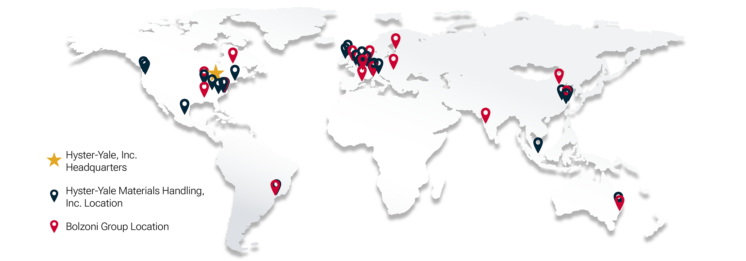Map showing Hyster-Yale, Inc. corporate headquarters, and Hyster-Yale Materials Handling, Inc.and Bolzoni Group locations.