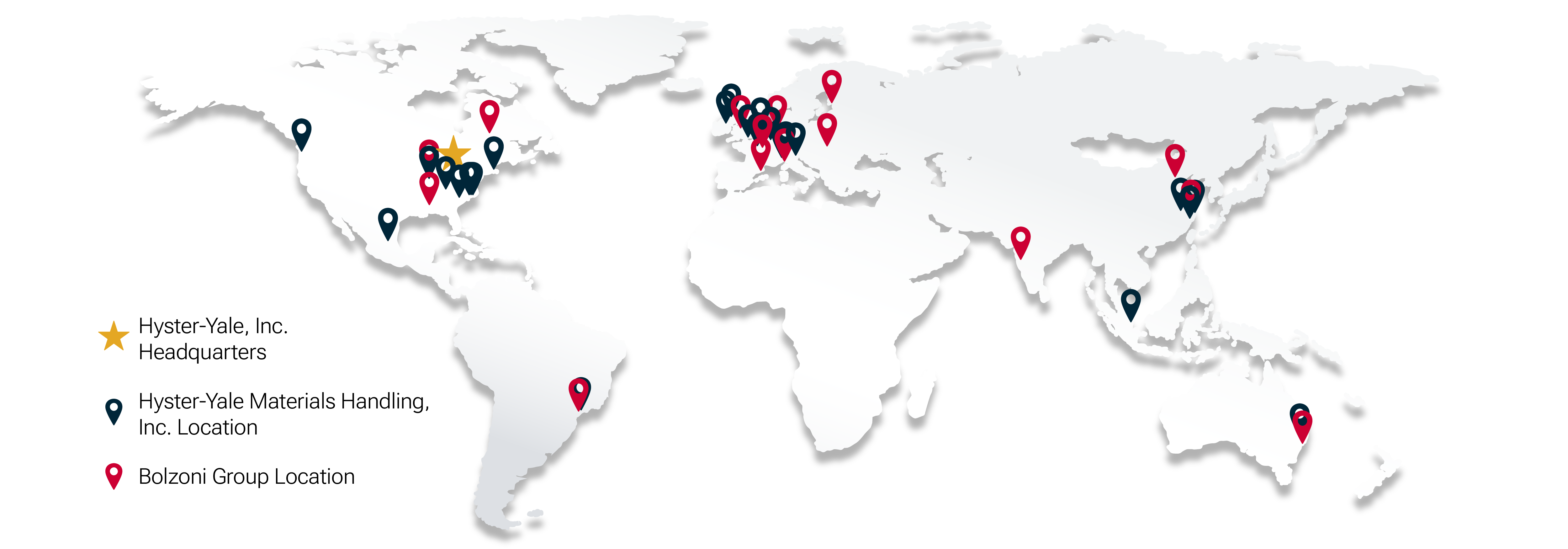 Map showing Hyster-Yale, Inc. corporate headquarters, and Hyster-Yale Materials Handling, Inc.and Bolzoni Group locations.