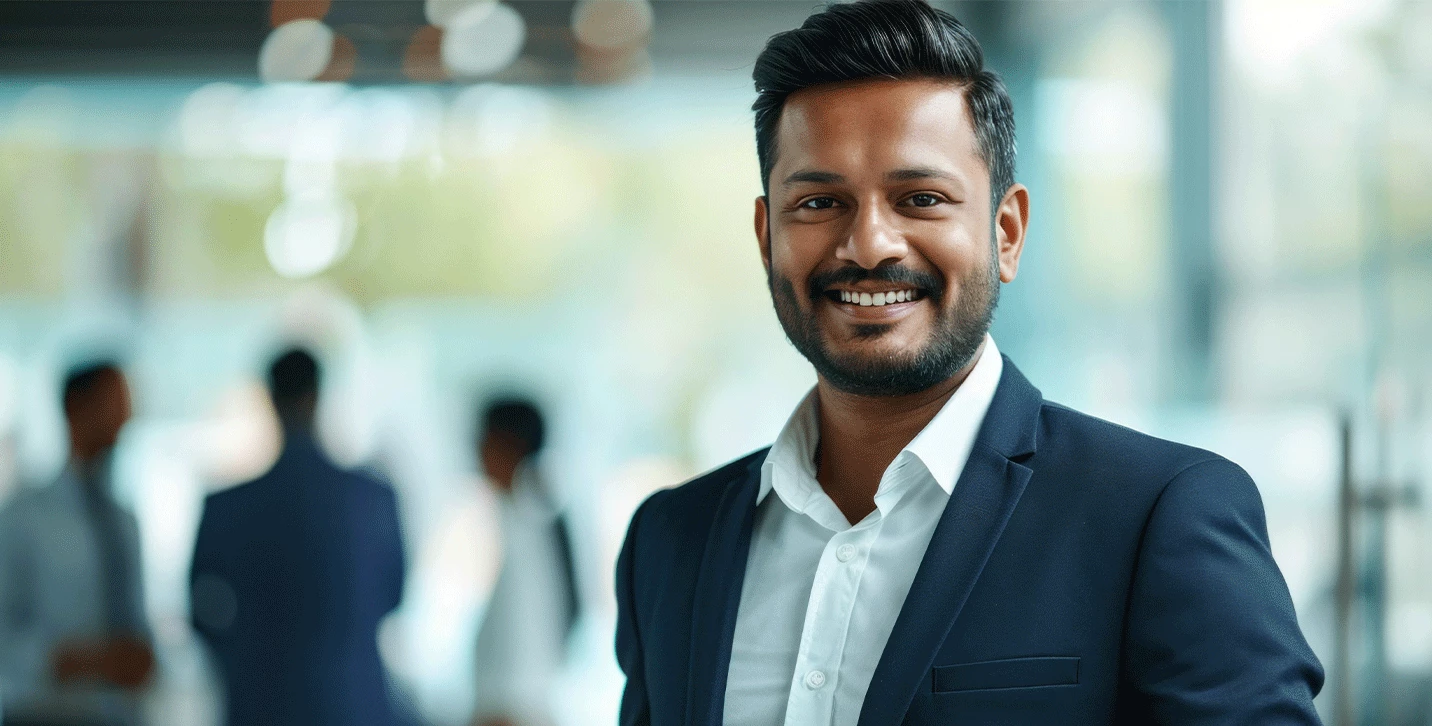 Corporate employee smiling.